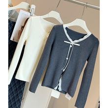 韩系纯欲bm风假两件蕾丝拼接长袖针织打底衫女秋冬季短款内搭上衣