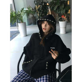 美式复古拼色连帽卫衣女秋冬薄款加绒宽松懒惰风oversize外套上衣