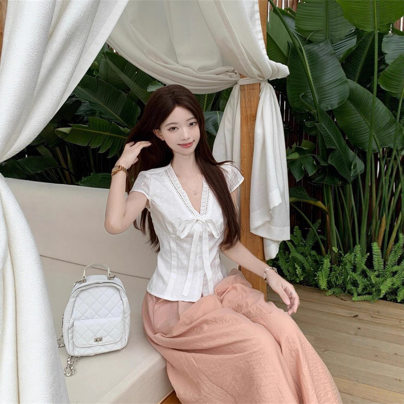跨境贸易批发温柔蕾丝花边短袖衬衫女夏季甜美蝴蝶结系带收腰小衫|undefined
