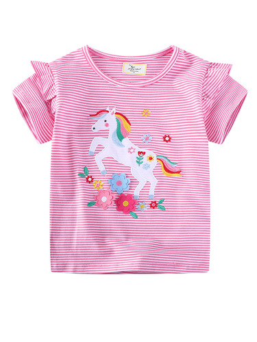 Girls' T-shirt Summer Wear: Cute Patterned Kids' Top with Crew Neck and Short Sleeves—Perfect for European and American-Style Little Ones