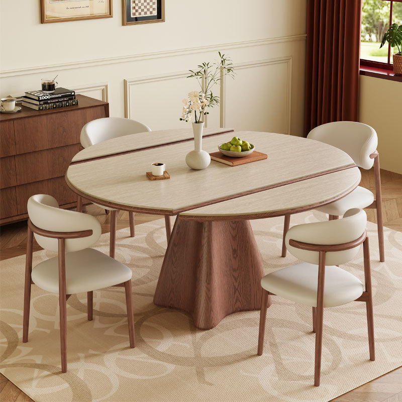 Travertine Stone and Solid Wood Extendable Dining Table, Round, Mid-Century Style, Suitable for Small Households, Convertible to a Round Table, Wabi-Sabi Folding Dining Table Travertine Stone and Solid Wood Extendable Dining Table, Round, Mid-Century Style, Suitable for Small Households, Convertible to a Round Table, Wabi-Sabi Folding Dining Table