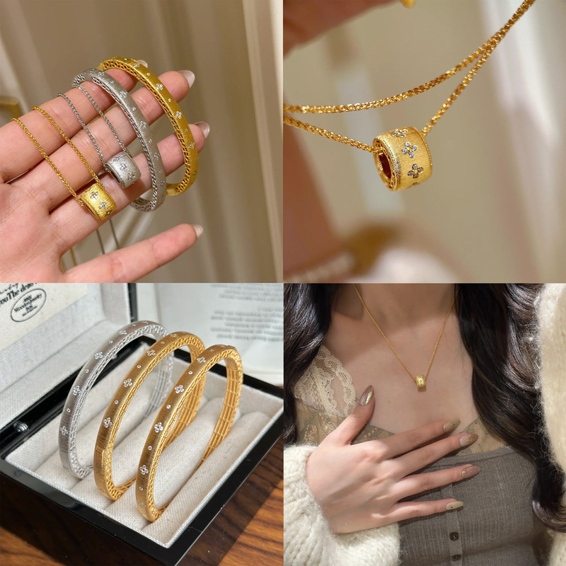 French Retro Kaleidoscope Four-leaf Clover Bracelet Ins Style High-quality Diamond-studded Four-leaf Clover Pendant High-quality suit