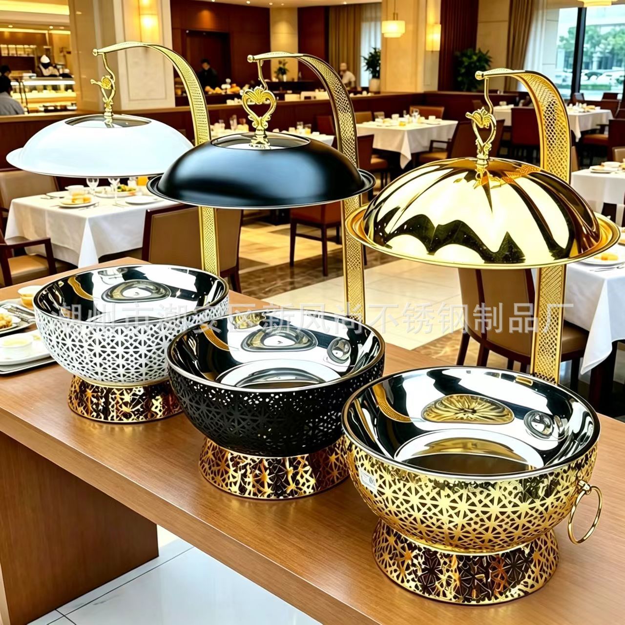 Cross-Border Supply Buffet Stove with Luxurious Golden Trim for Hotel Restaurants, with a Removable Lid, Alcohol Stove, and Stainless Steel Heat Preservation Stove
