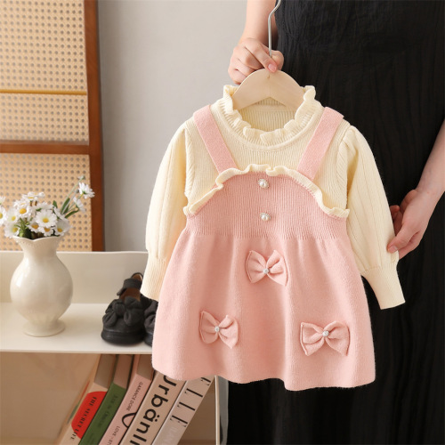 Children's sweater dress 2024 autumn winter new bow Christmas dress kids' dress