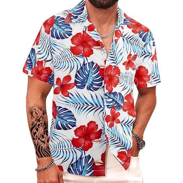 Men's Hawaiian Cuban Collar Floral Shirt Cross-Border 3D Fuchsia Print Shirt Aliexpress Popular Beach Shirt