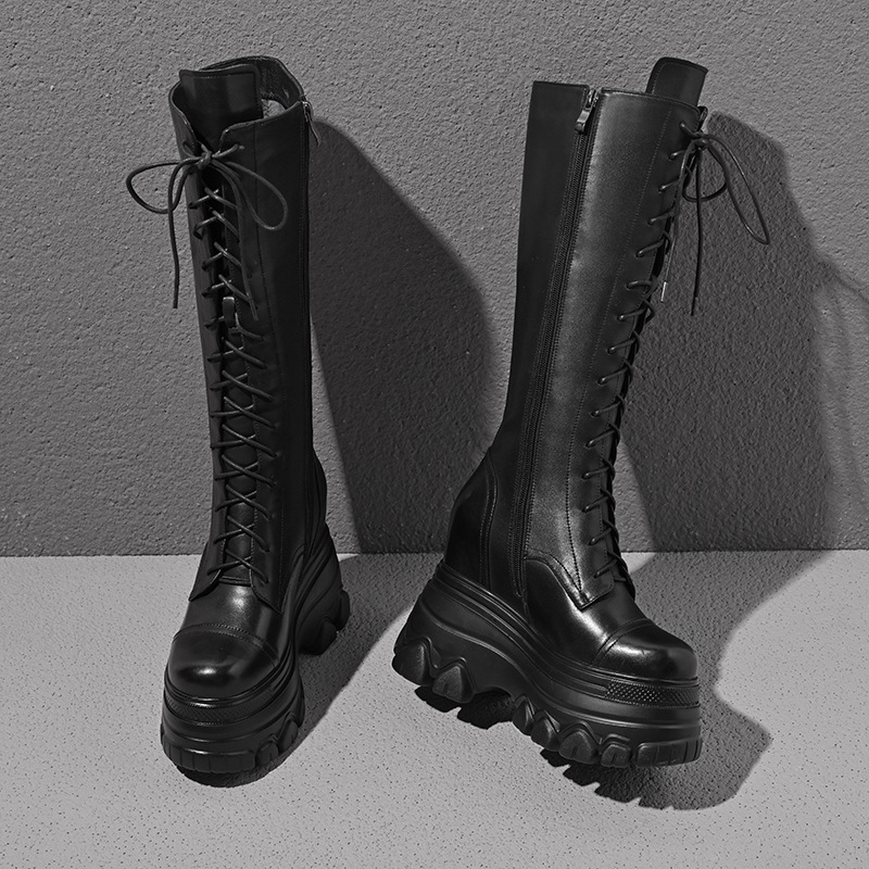 Boot nữ cổ cao ôm bắp chân dây buộc gót 12 cm phong cách retro Anh — Đen nhung chi tiết 11