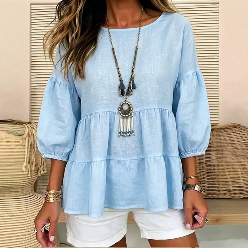 2026 European and American Cross-Border Foreign Trade Tops Amazon New Summer Women's Round Neck Lantern Sleeve Loose Autumn Shirt 2026 European and American Cross-Border Foreign Trade Tops Amazon New Summer Women's Round Neck Lantern Sleeve Loose Autumn Shirt