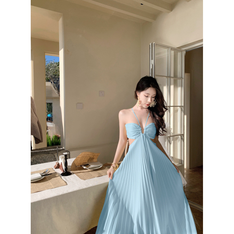 French-Style High-End Light Blue and Yellow Hollow-Out Halter Neck Dress, Sexy Ruched Vacation Long Dress for Summer