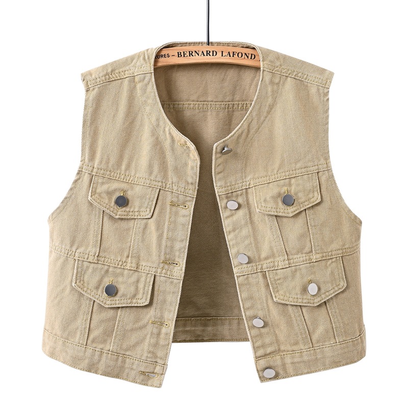 Trendy Round-Neck Women's Denim Vest Short Top Casual Fashionable Slim-Fit Sleeveless Cross-Border Fashion Vest