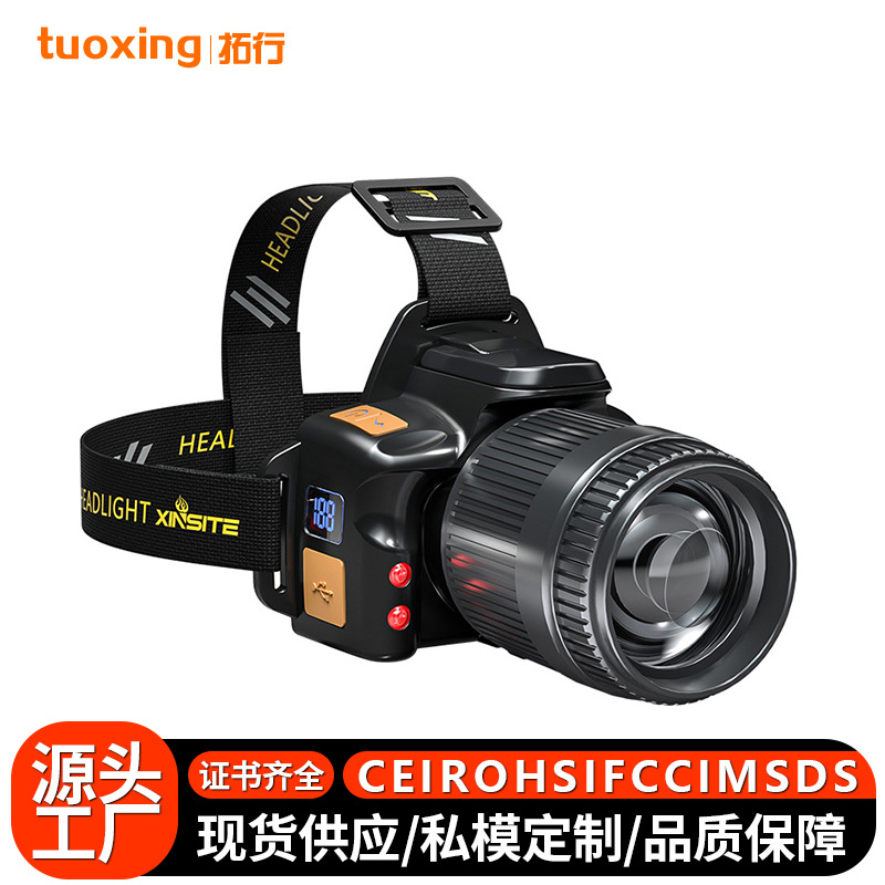 跨境户外露营强光感应变焦远射USB充电续航巡逻探险夜钓工作头灯