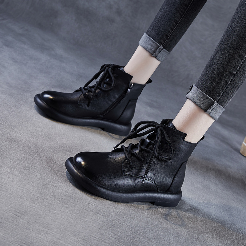 First-Layer Cowhide Boots for Women 2025 Autumn and Winter New Retro British Style Short Boots Soft Leather Boots Flats Leather Shoes