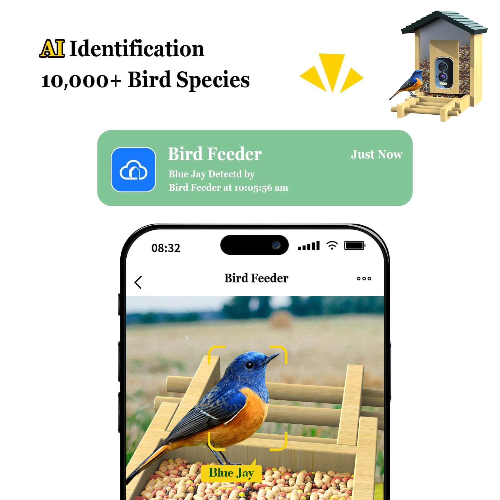 Comedero Inteligente para Pájaros de Bambú y Madera de Fábrica, Reconocimiento de Aves por IA, Comedero para Mascotas de Alta Definición de 5MP, Producto de Venta Caliente Transfronterizo 2