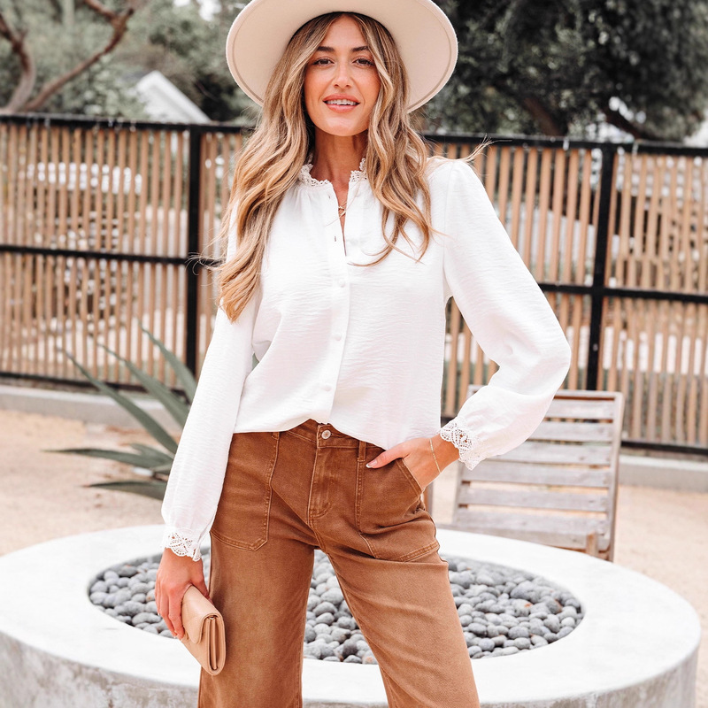 Trendy Long-Sleeve Button-Up Shirt for Women, Vintage Cardigan Knit Top with Lace V-Neck, European and American Cross-Border Splicing New Style