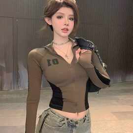 美式复古辣妹风撞色拉链长袖T恤女秋季新款设计感修身短款上衣潮