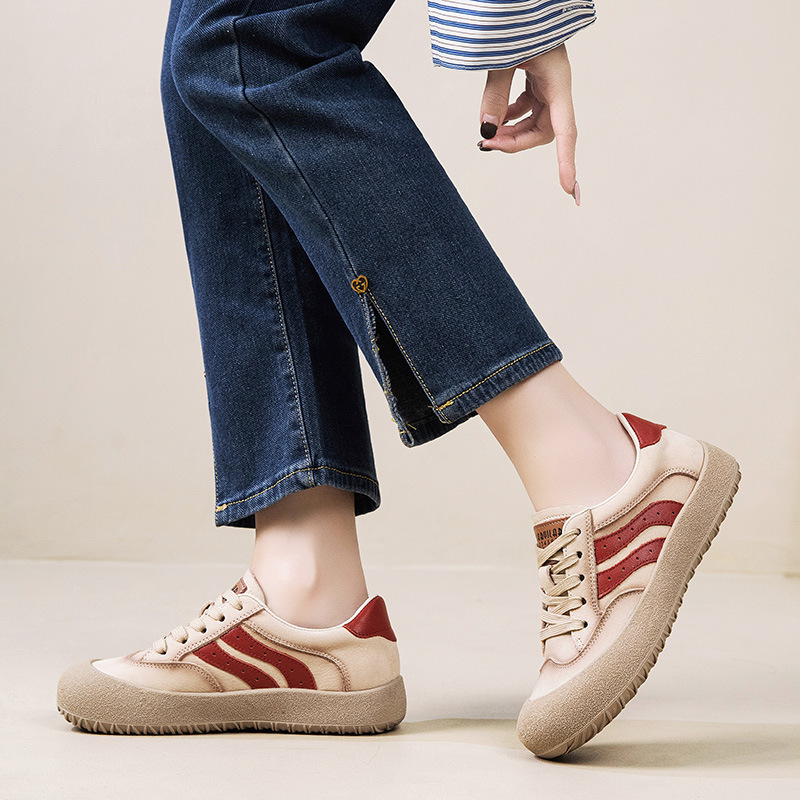 Genuine Leather German Training Shoes Women's Spring New Soft Sole Comfortable Low-top Thick Sneakers Casual All-match Lace-up Flat Shoes