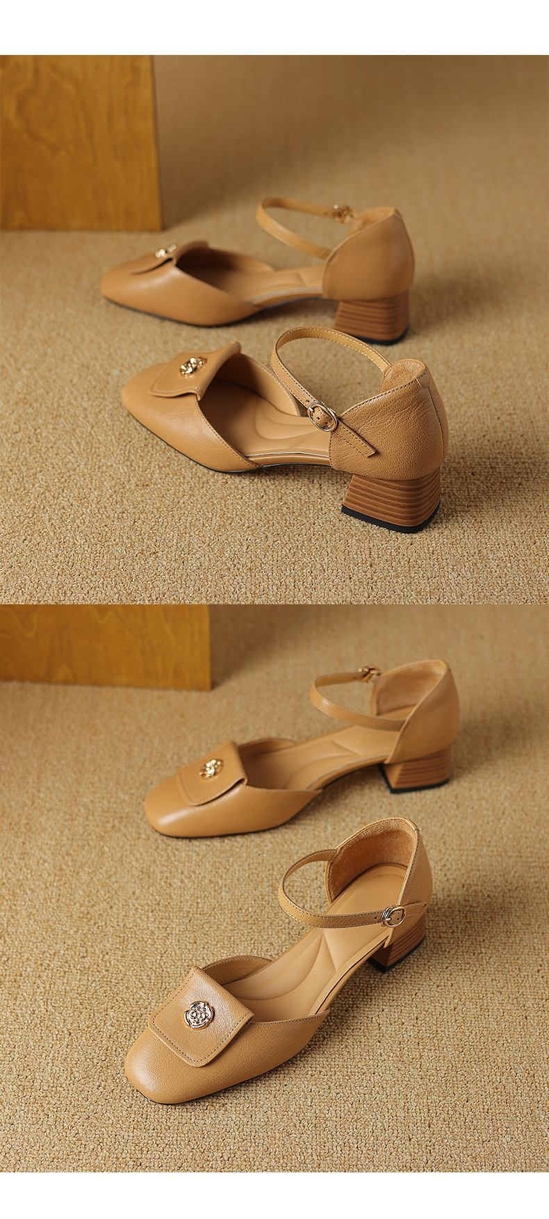 Sandal nữ quai ngang mũi bao da cừu cao cấp, gót vuông ổn định — Màu trắng be chi tiết 13