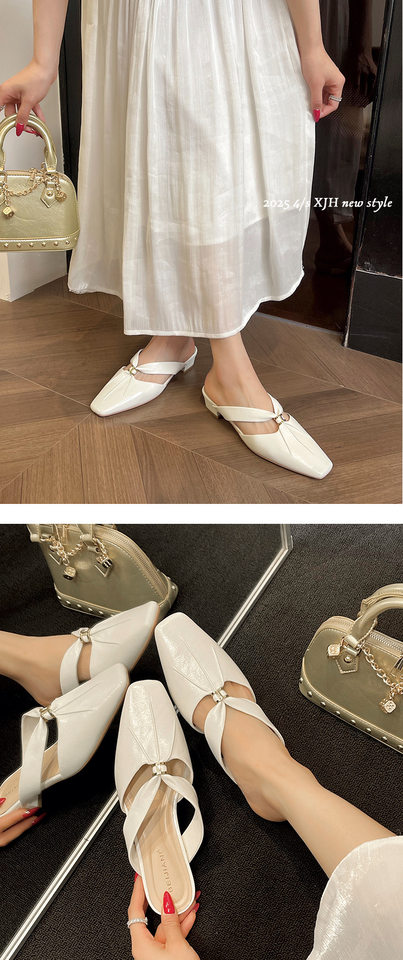 Dép sandal nữ bít mũi mũi vuông gót thô, họa tiết vân cừu nhún, quai hậu đi ngoài — Màu bạc, Màu kaki, Màu trắng be chi tiết 9
