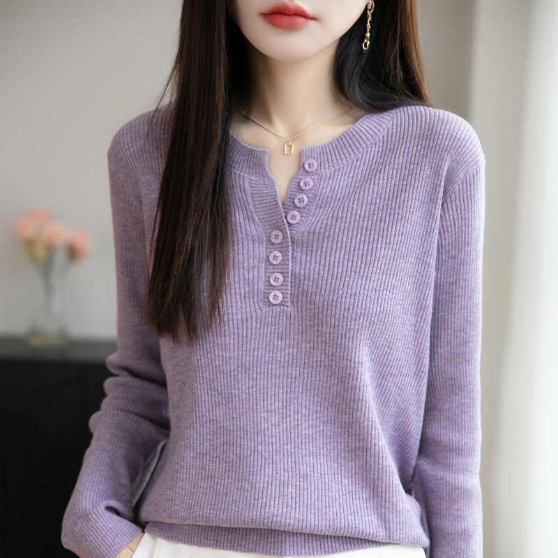 Early Autumn V-Neck Knitted Base Layer with Fine Wool Short-Sleeve Top, Stylish Pullover Long-Sleeve Sweater for Women in Autumn and Winter