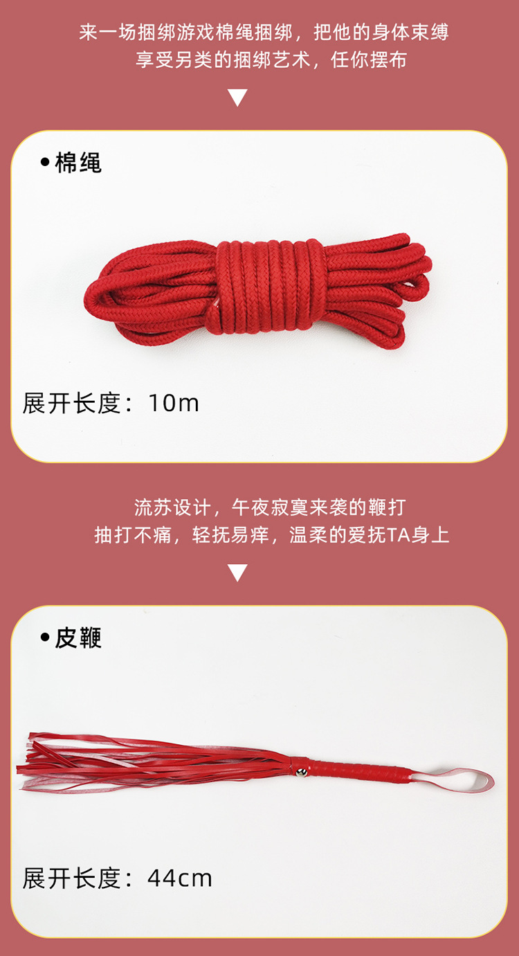 SM Bondage Ten-Piece Set with Handcuffs, Leather, Metal and Plush, Black and Red — detail image 23