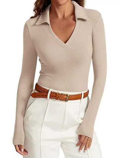 New Autum Shirt Women's Long V Neck Polo Shirt Business Casual Top Slim Top Knitted Knitwear for Women