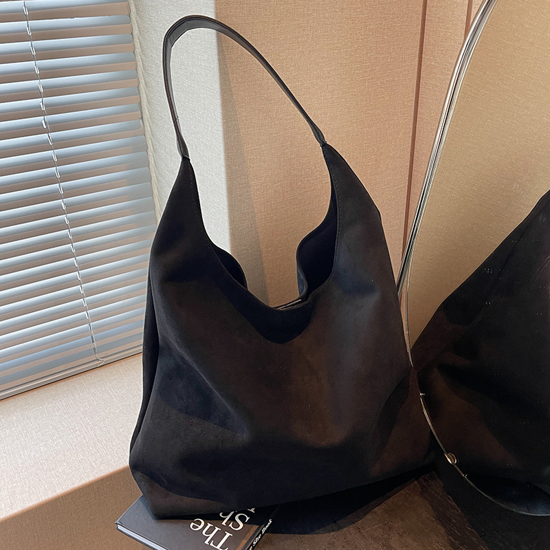 Vintage Soft Suede Faux-Leather Hobo Bag For Women 2024 New Autumn/Winter Trendy Large Capacity Shoulder Bucket Bag - Thumbnail 2