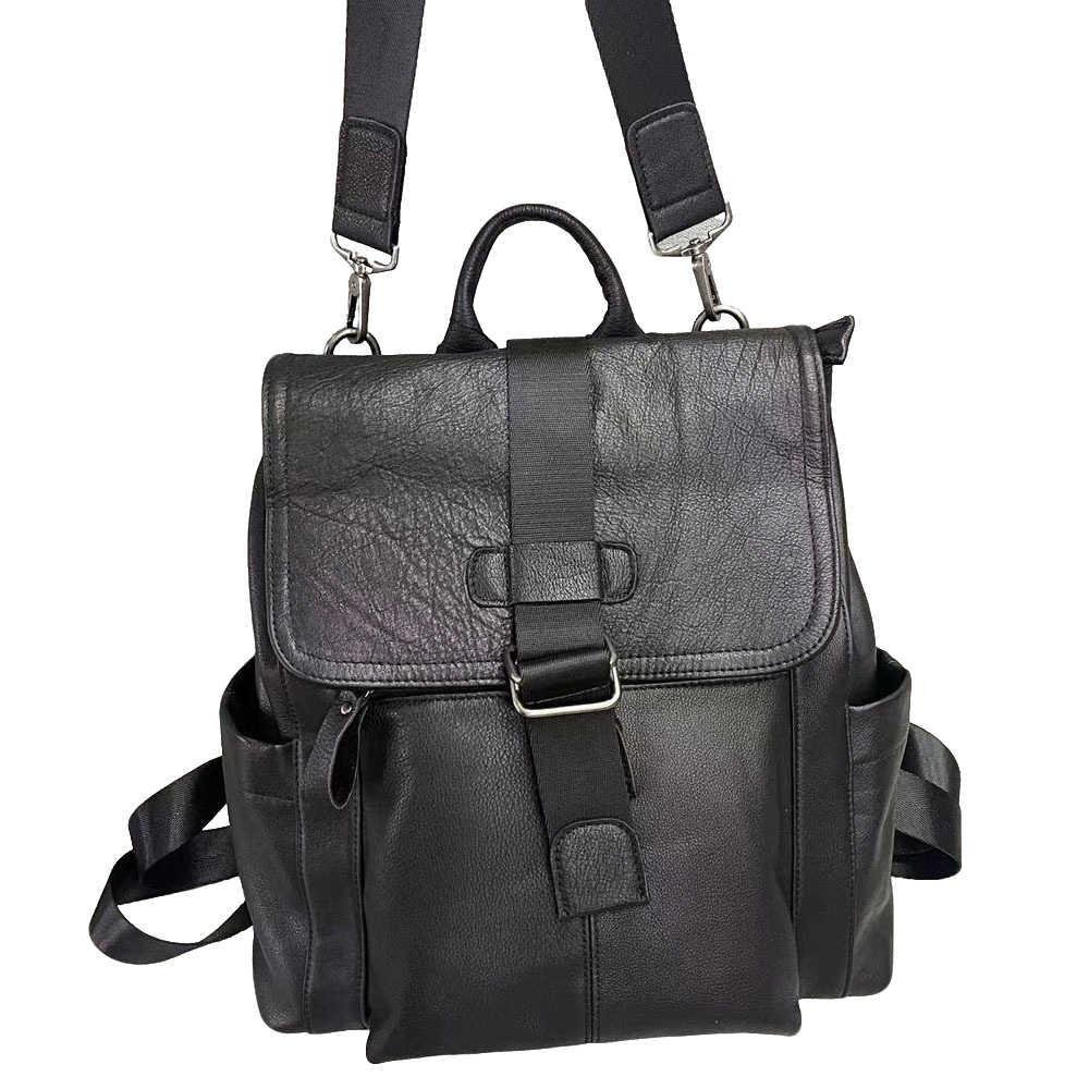 Leather Backpack, Fashionable Men's And Women's Backpack, Black Soft Cowhide Travel Backpack_voghion.com