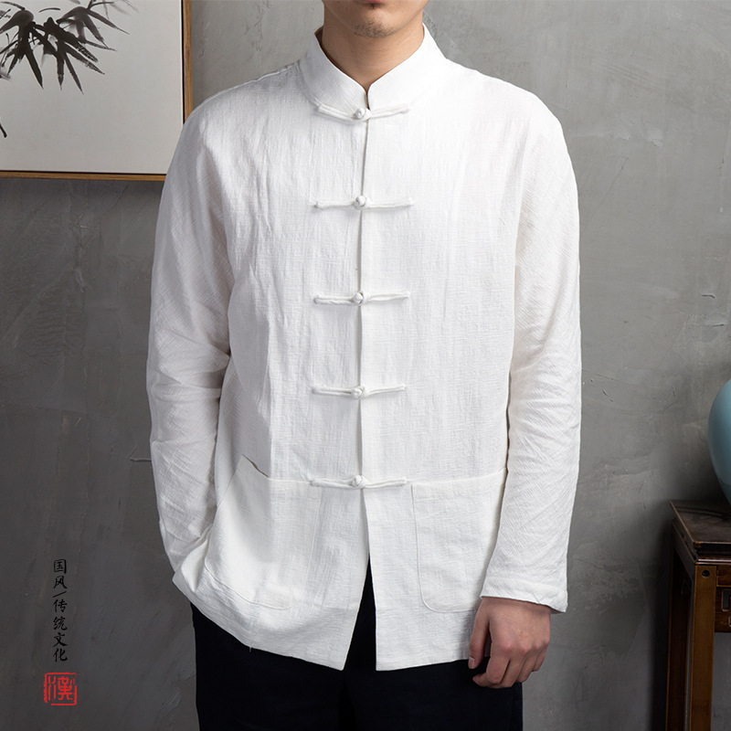 Autumn Chinoiserie Disc Button Linen Shirt Men's Loose Long-Sleeved Cotton and Linen Top Chinoiserie Men's Retro Style Shirt