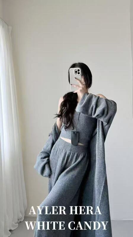 2025秋季慵懒风纯色内搭抹胸外搭中长款开衫女高腰直筒裤套装|undefined