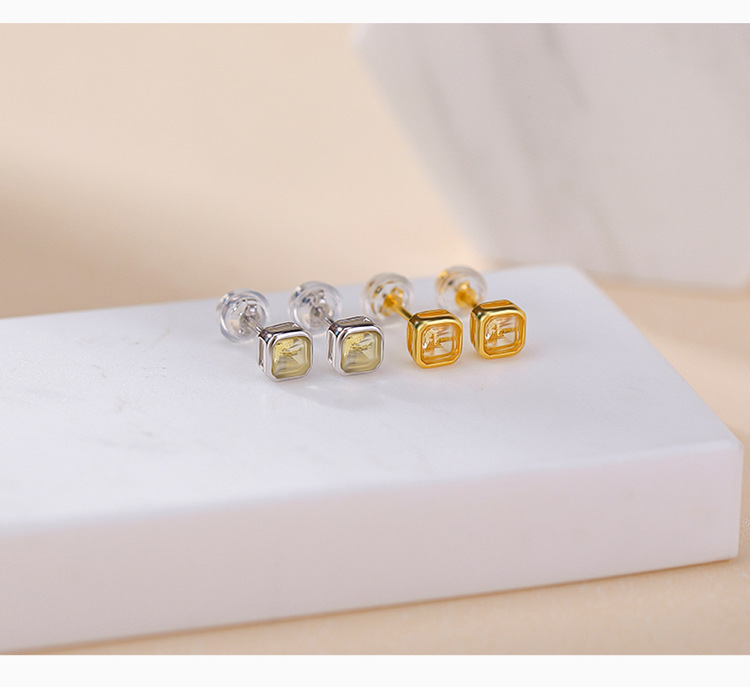 Bông tai bạc S925 mạ vàng đính đá thạch anh tím mặt cắt vuông — Kiểu citrine màu vàng chi tiết 5