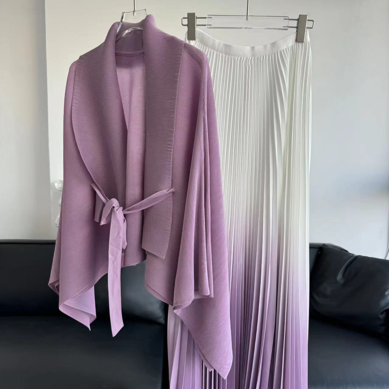 Vêtements pour femmes, haut plissé uni à manches papillon, jupe dégradée, ensemble deux pièces, cardigan tendance, tempérament printemps et automne_voghion.com