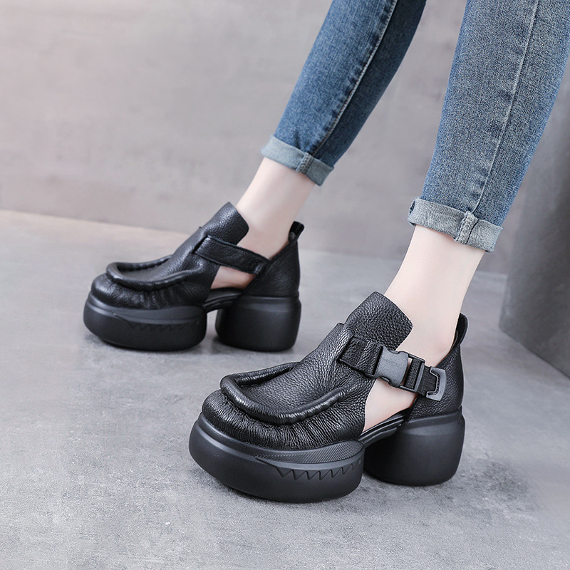 Sandal cao gót nữ quai ngang đế xốp dày da bò thật — Màu nâu
