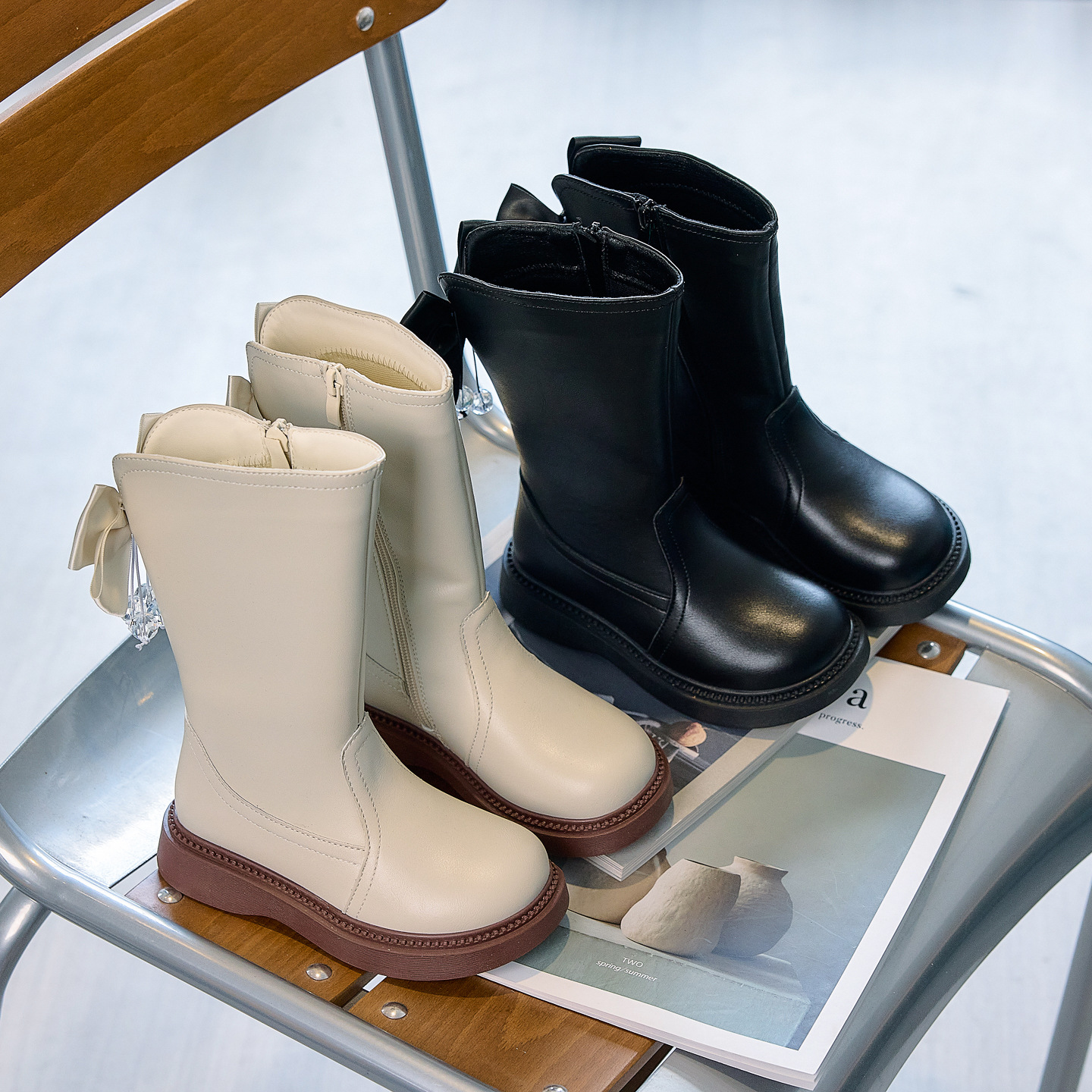 Little Bear 2025 New Children's Girls' Princess Boots Autumn and Winter Mid-Calf Girls' Boots with Fleece Lining