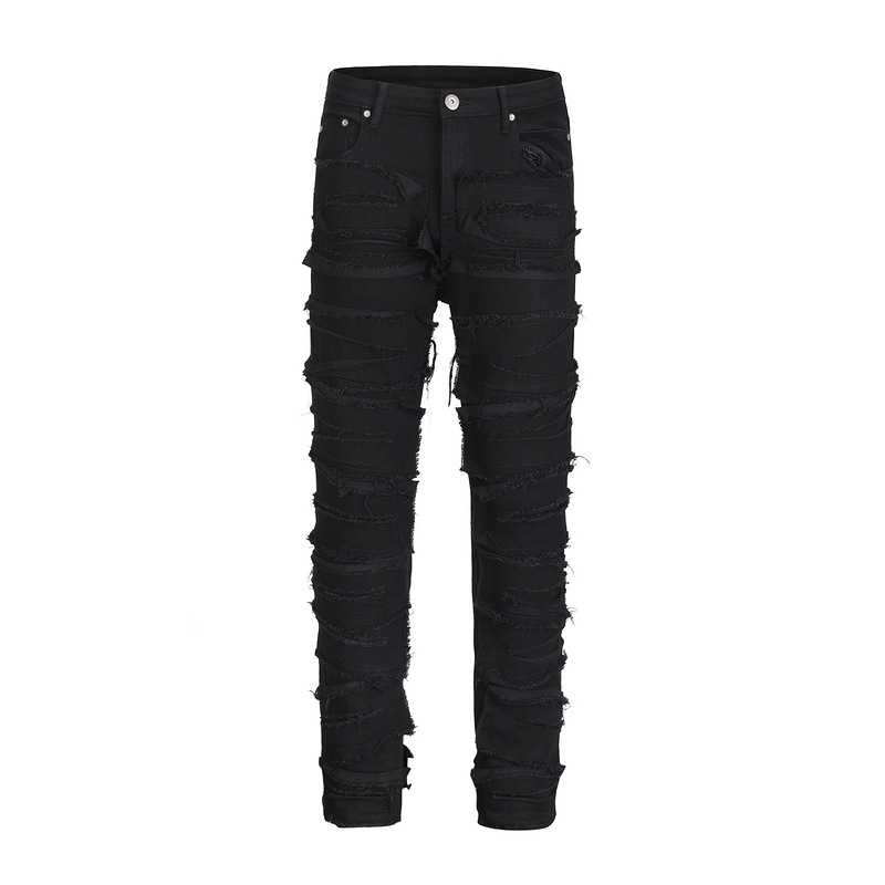 Men's Clothing High Street Fashion Brand Washed Distressed Ripped Black Zipper Black Cow Patchwork Jeans_voghion.com