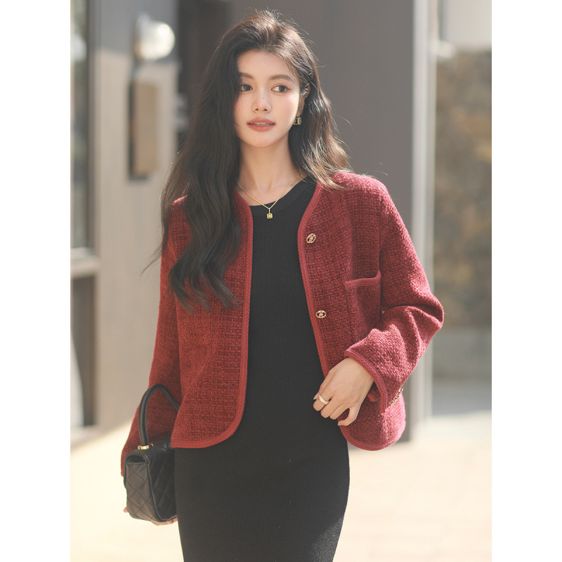 Tweed Style Woolen Jacket Women's Autumn and Winter New French High-End Tweed Round Neck Single-Breasted Short Top
