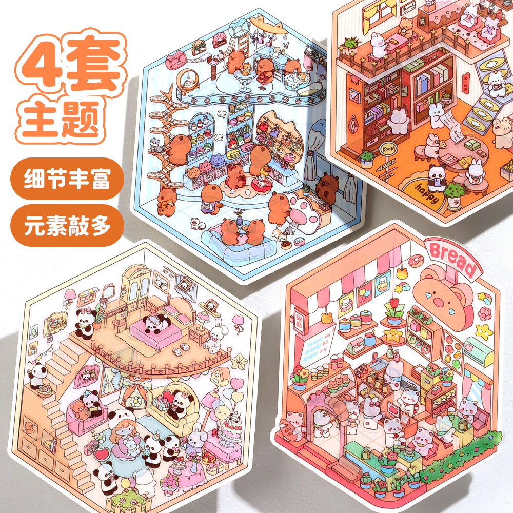 Pegatinas de paisajismo de fiesta de cumpleaños de panda de dibujos animados originales Escena en miniatura tridimensional en 3D Pegatinas de mano de recompensa para niños lindos