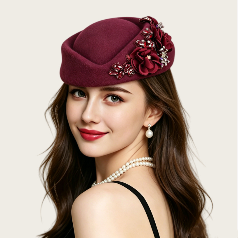 European and American Retro British Felt Turban Hat for Women, Church Derby Headwear with Flowers, Ladylike Style Women's Hat Wholesale