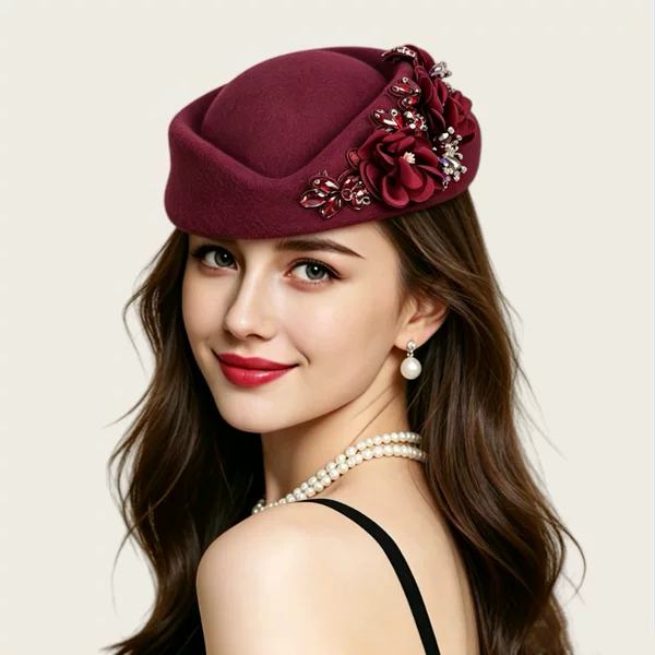 European and American Retro British Felt Turban Hat for Women, Church Derby Headwear with Flowers, Ladylike Style Women's Hat Wholesale