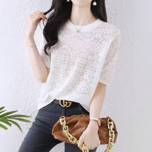 New Women's Lace Ice Silk T-Shirt 2025 Summer Thin Casual White Short-Sleeve Knit Top
