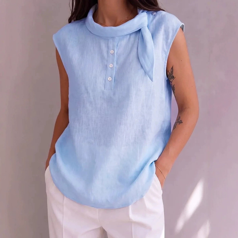 2026 European and American New Style Amazon Summer Vintage Tie-Neck Pullover Solid Color Sleeveless Cotton and Linen Top 2026 European and American New Style Amazon Summer Vintage Tie-Neck Pullover Solid Color Sleeveless Cotton and Linen Top