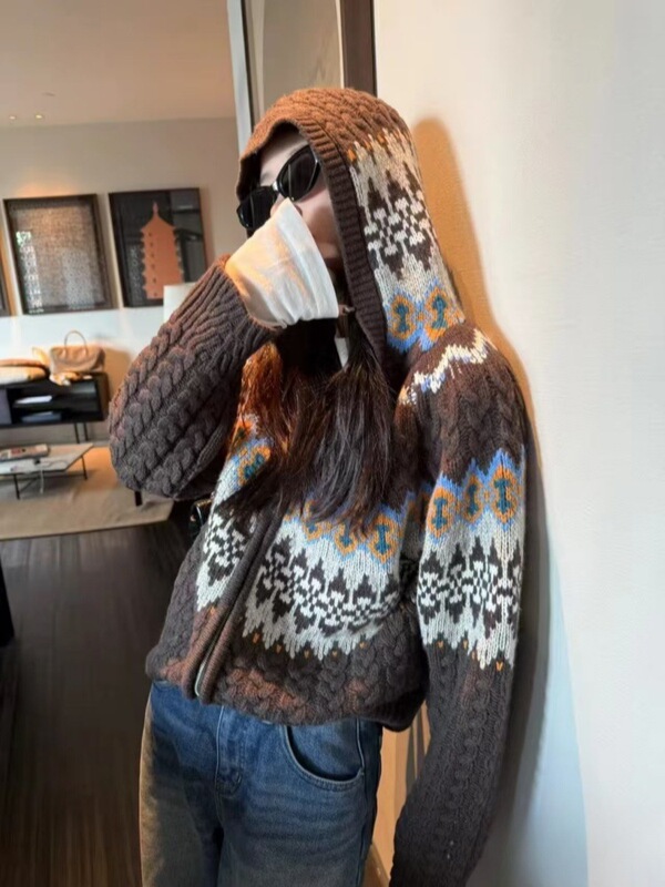 2025 Autumn Hooded Jacquard Thick Cashmere Cardigan for Women, European Style Heavy Craft Thick Knit Sweater Wool Coat 2025 Autumn Hooded Jacquard Thick Cashmere Cardigan for Women, European Style Heavy Craft Thick Knit Sweater Wool Coat