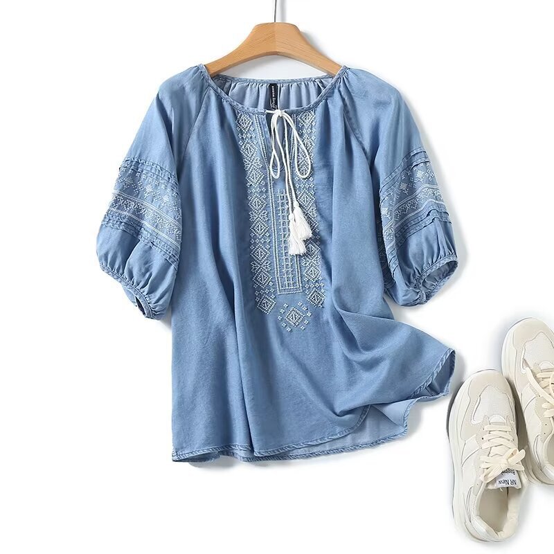 Summer New Short-Sleeved Shirt Tassel Lace Ethnic Style Embroidered Lyocell Tencel Denim Shirt for Women 033
