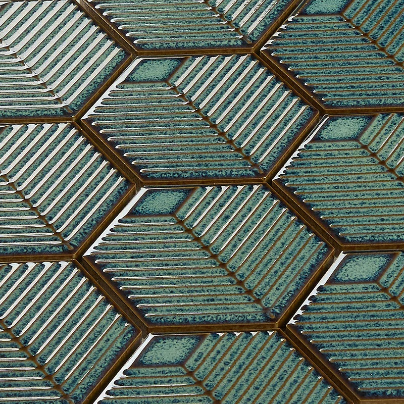 Шестиугольная мозаика в форме павлиньего пера, украшение фасада, стойка регистрации, фоновая стена, ванная комната, печь, зеленый, яркий, художественный, синий