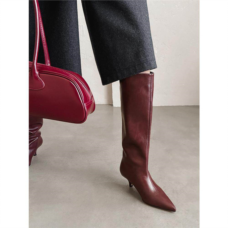 Stunning Appearance~! Sexy Pointed-Toe Kitten Heel Wine Red Long Boots, Elegant Genuine Leather Black Stiletto High Boots Stunning Appearance~! Sexy Pointed-Toe Kitten Heel Wine Red Long Boots, Elegant Genuine Leather Black Stiletto High Boots