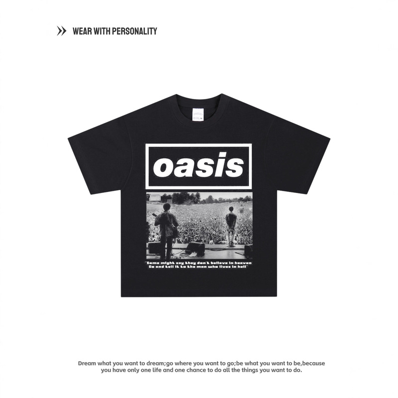 Oasis Oasis American Heavy British Miracle Wall Pure Cotton Heavy American Distressed Loose T-Shirt for Men and Women