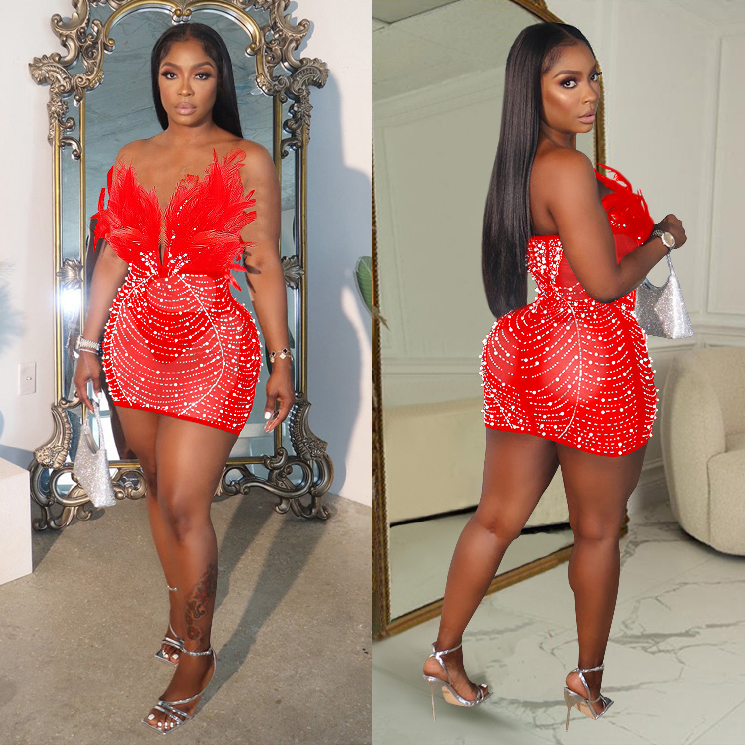 Damenkleid mit einfarbigem Mesh-Federrock und Strasssteinen_voghion.com