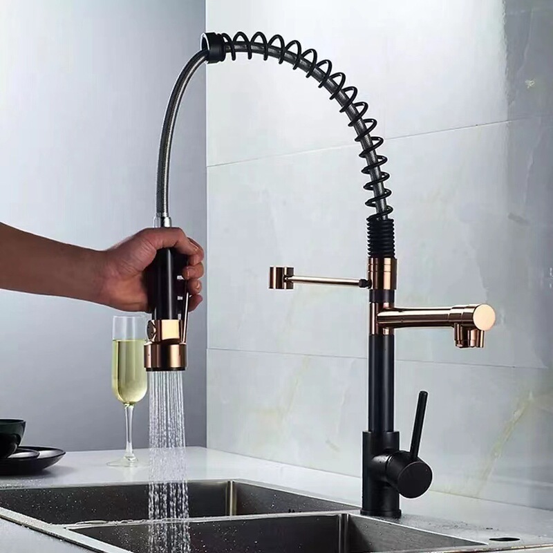 KTAI Hot Sale House Faucet Brass Kitchen Black Rose Gold Pull Out Kitchen Faucet