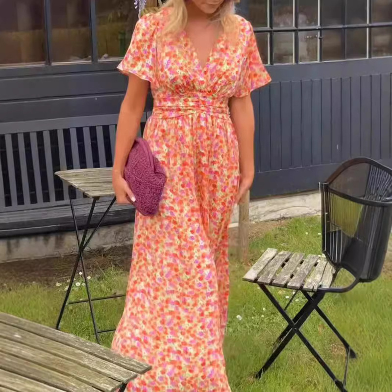 European and American Cross-border shein2024 New Amazon Export Women's Elegant Printed Waist V Neck Dress Long Skirt
