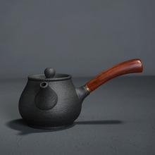 粗陶侧把壶手工黑陶日式复古木柄泡茶壶 陶瓷西施壶 功夫茶具单壶