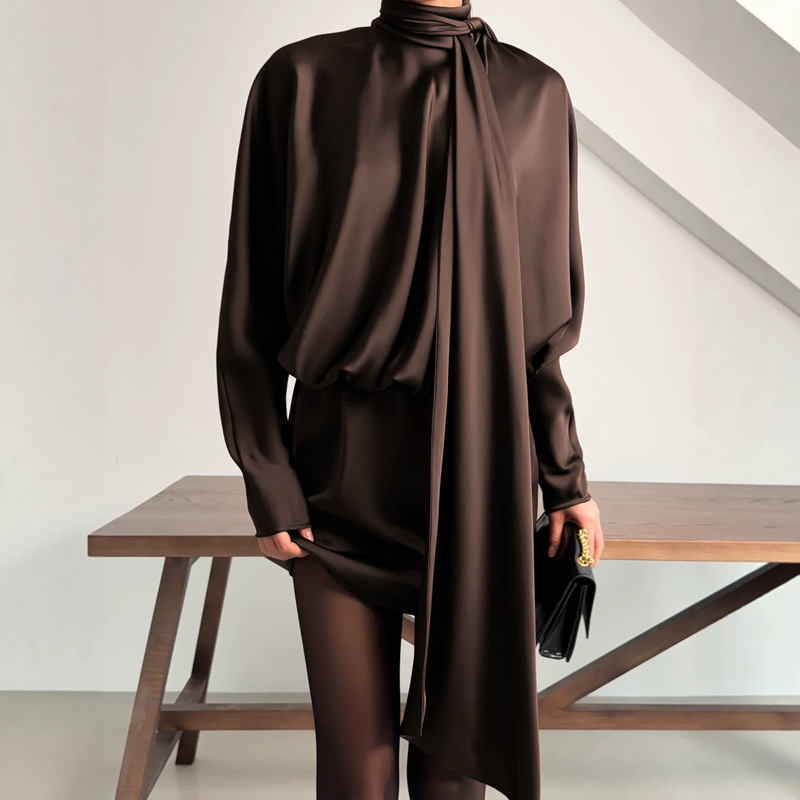 2026 Autumn European and American Style Elegant Retro Brown Satin High-Neck Long-Sleeve Slim-Fit Short Bodycon Dress for Women 2026 Autumn European and American Style Elegant Retro Brown Satin High-Neck Long-Sleeve Slim-Fit Short Bodycon Dress for Women