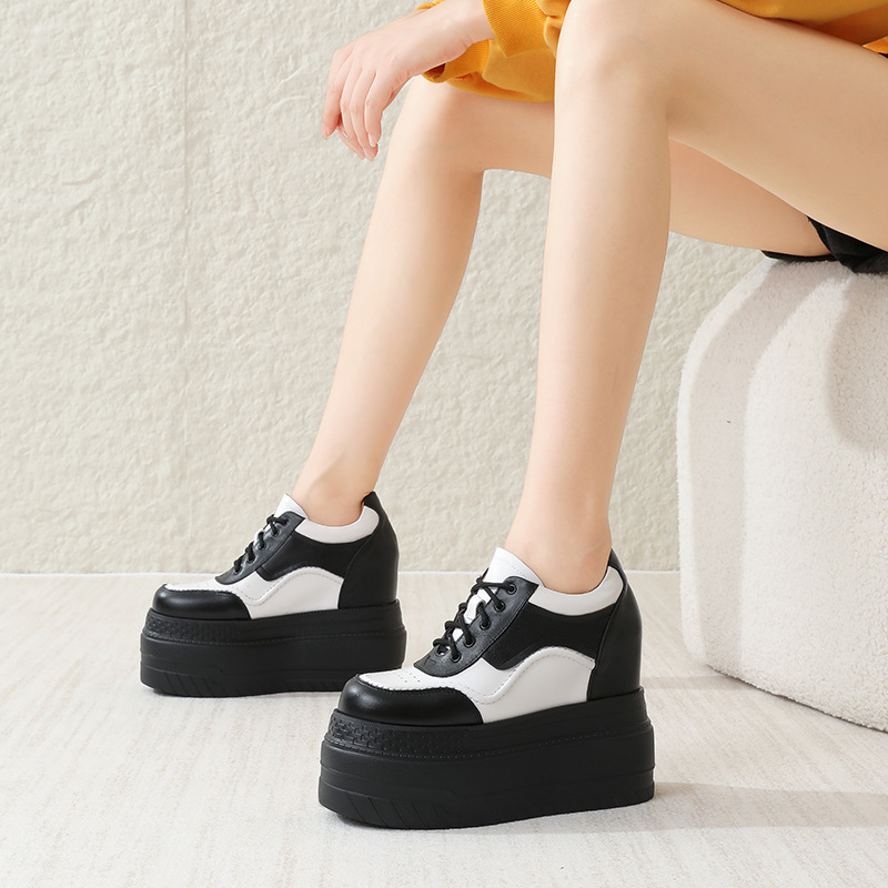 Giày trắng da thật tăng chiều cao 12cm, đế xuồng platform đa năng — Trắng đen-10